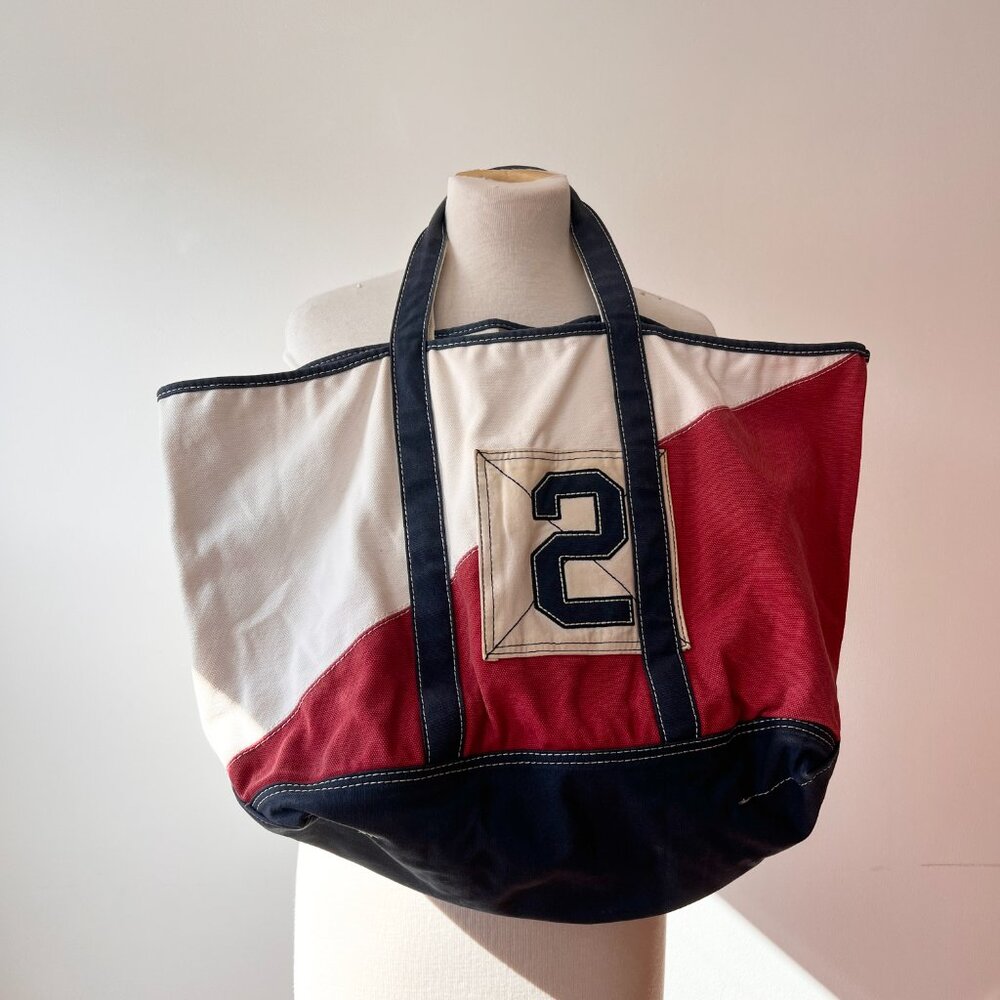 Vintage L.L. Bean large Canvas Boat Tote red white and blue - Picture 4 of 11